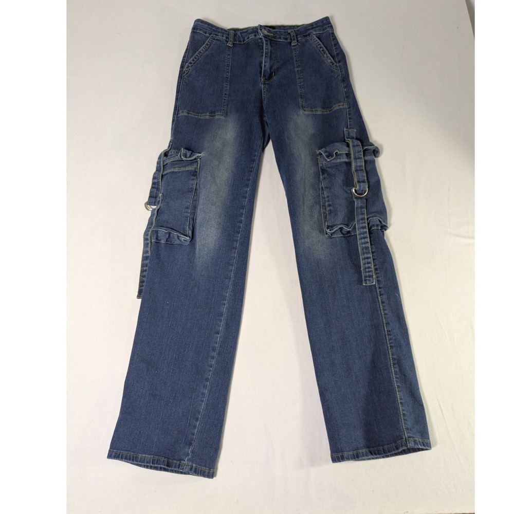 Between Us Womens High Rise Cargo Jeans Medium Wash Straight Leg Size 11 Utility